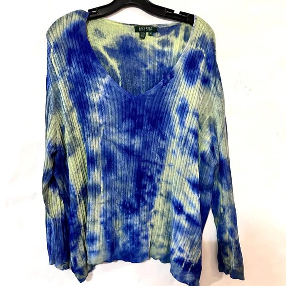 Lauren RALPH LAUREN  Tie dye Blue Sweater V neck Size Extra Large Cable Cotton - Picture 6 of 6
